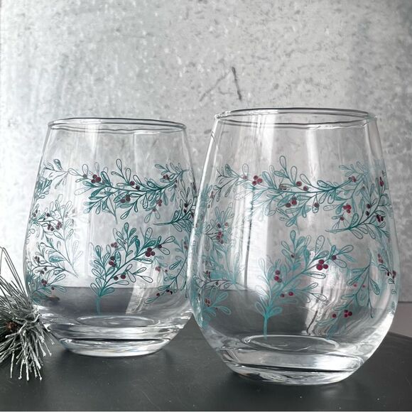 PAIR of Painted Glass Stemless Christmas Wine Glasses Holly Berries 2 NWOT - Picture 2 of 2